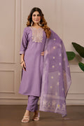Lavender Embroidered Straight Kurta with Trousers & Dupatta