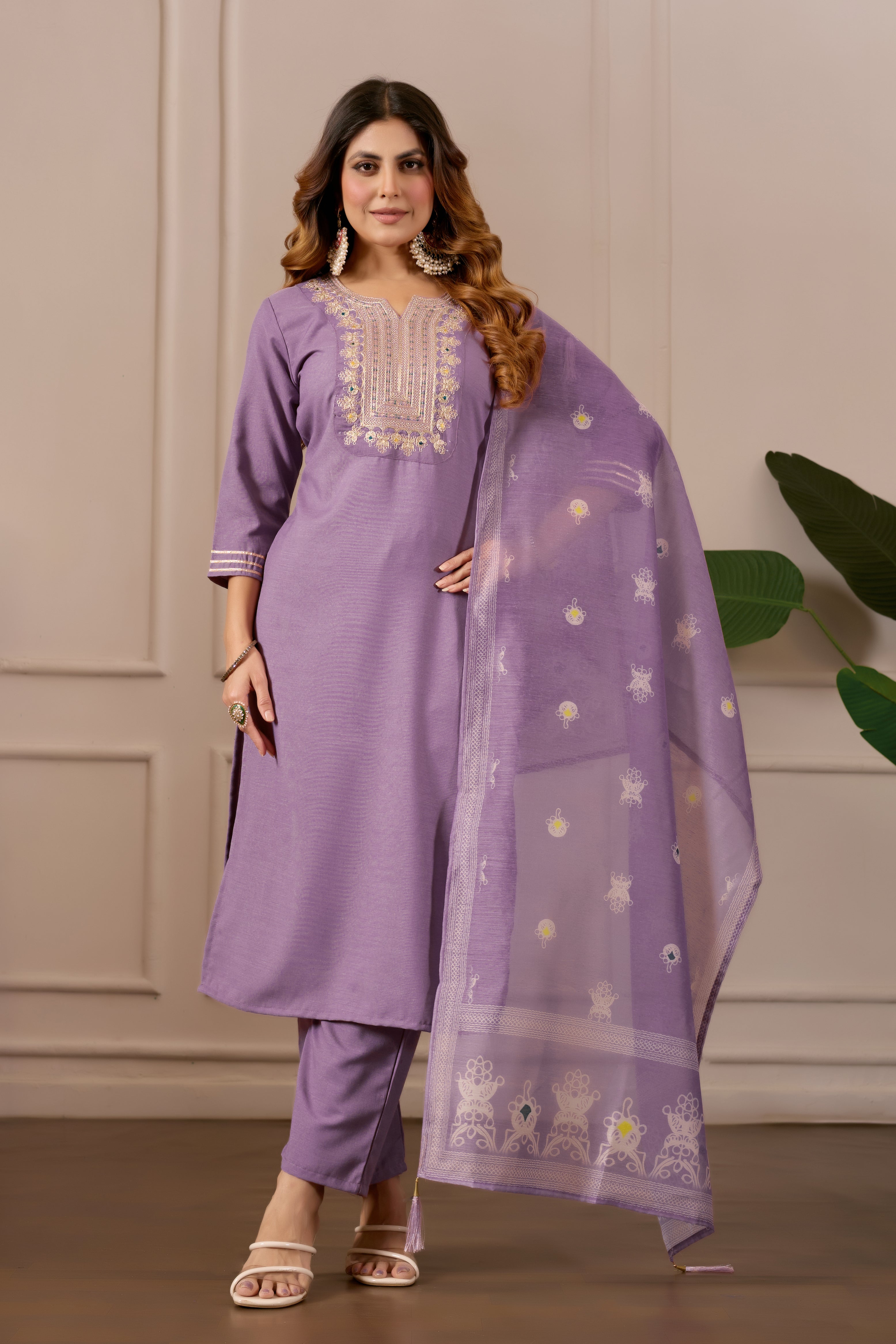 Lavender Embroidered Straight Kurta with Trousers & Dupatta