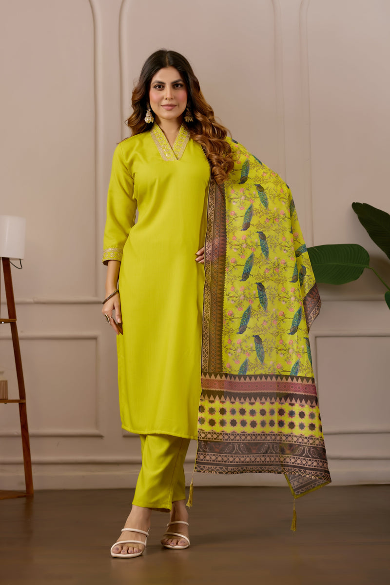 Women's Embroidered Kurta Set with Printed Dupatta, 3 Piece Suit