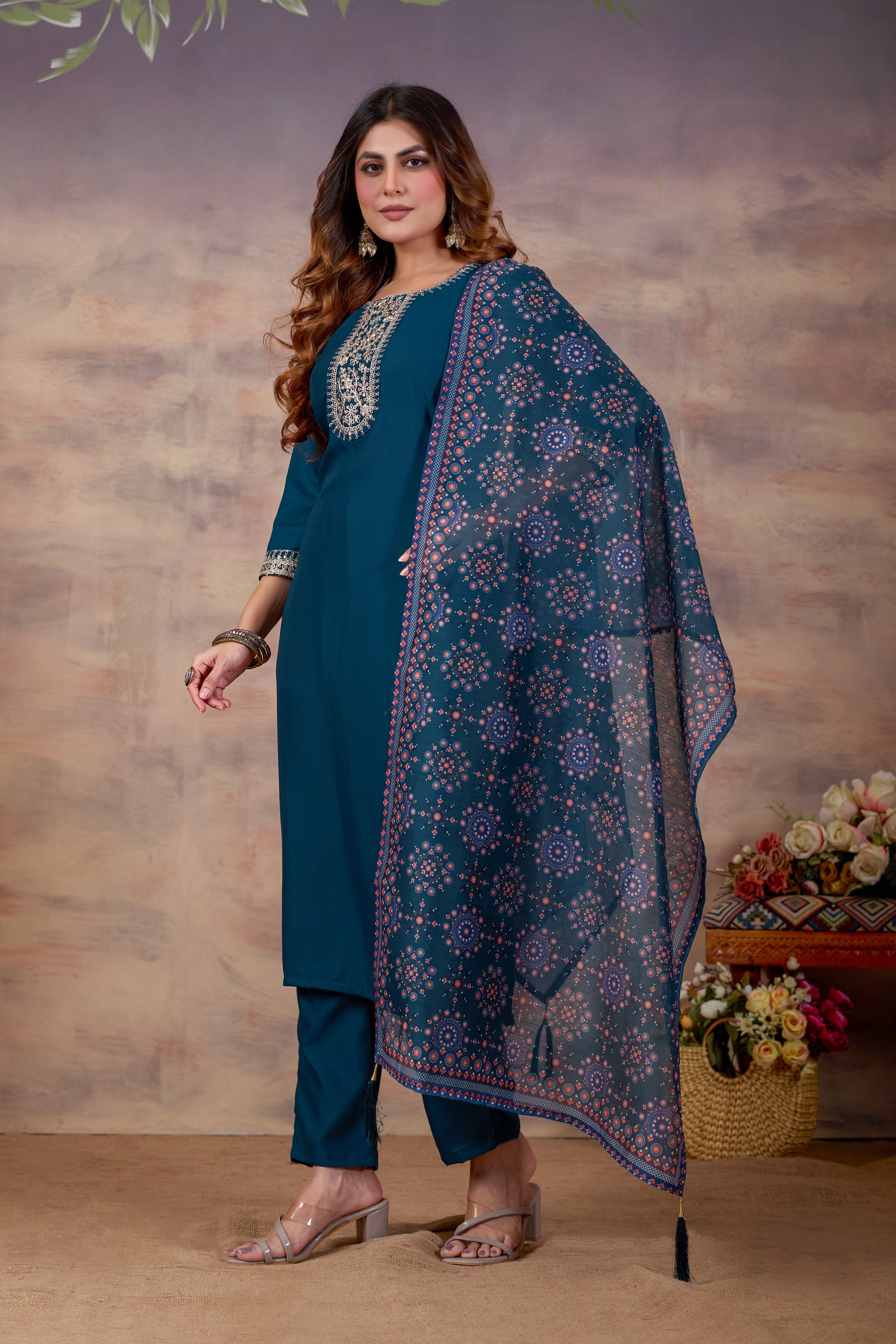 Women Ethnic Embroidered Thread Work Kurta with Trousers & Dupatta.