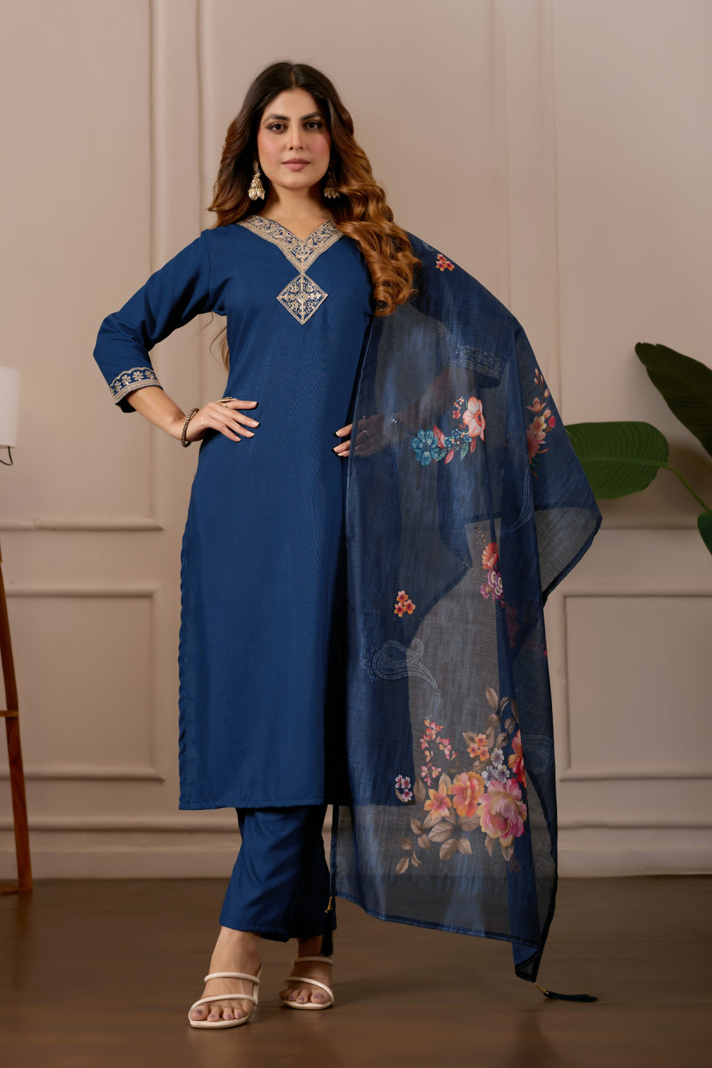 Women Embroidered Regular Pure Cotton Kurti with Pyjamas With Dupatta