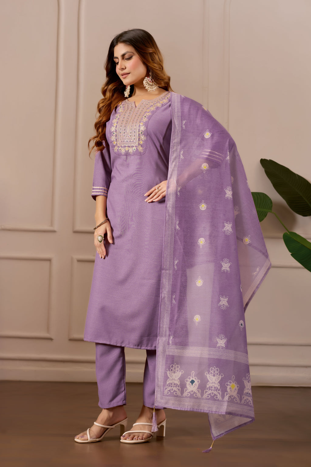 Lavender Embroidered Straight Kurta with Trousers & Dupatta