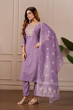 Lavender Embroidered Straight Kurta with Trousers & Dupatta