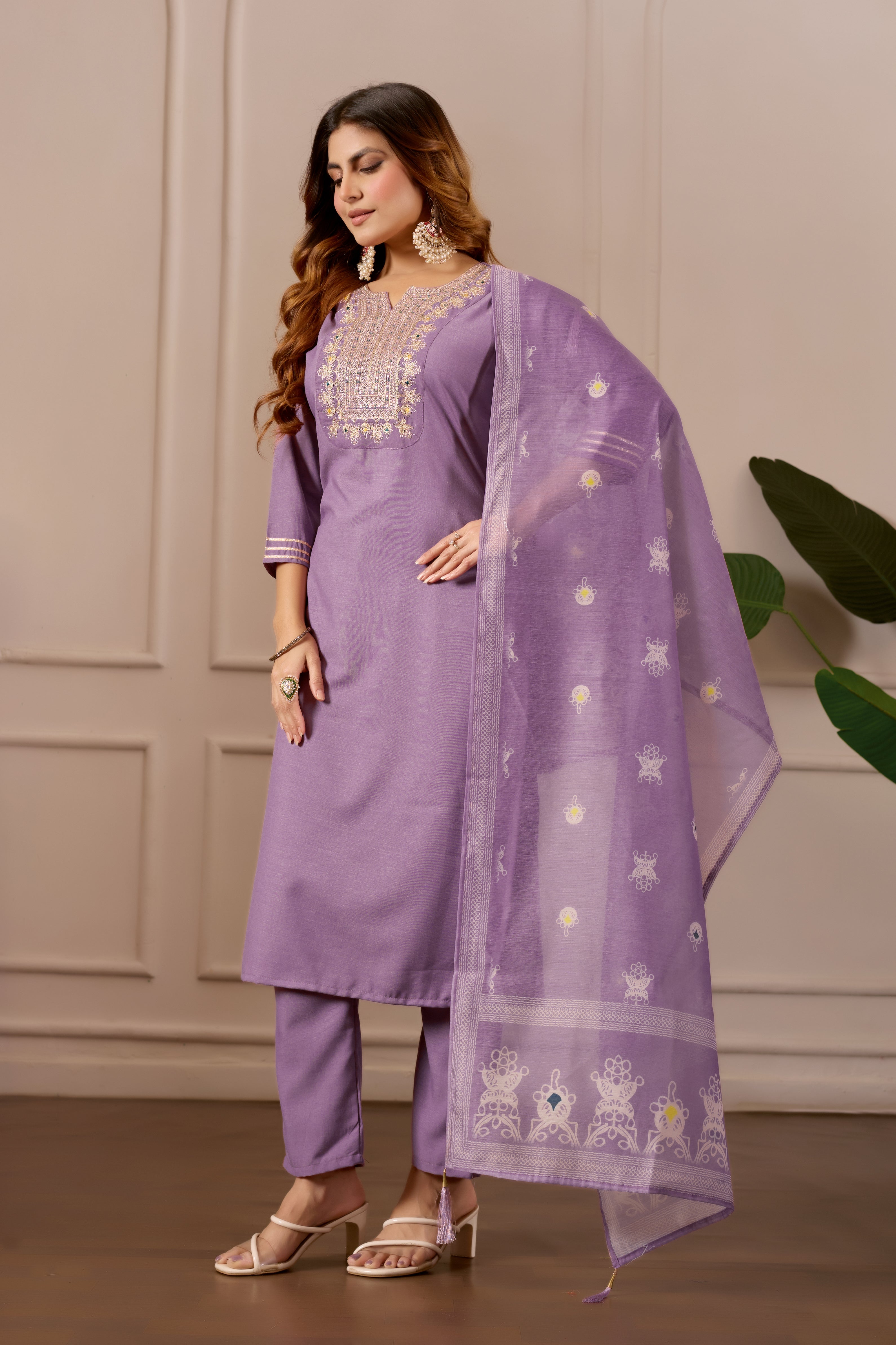 Lavender Embroidered Straight Kurta with Trousers & Dupatta