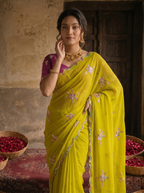 Lime Yellow Georgette Embroidered Saree with Floral Sequin Work & Contrast Magenta Blouse