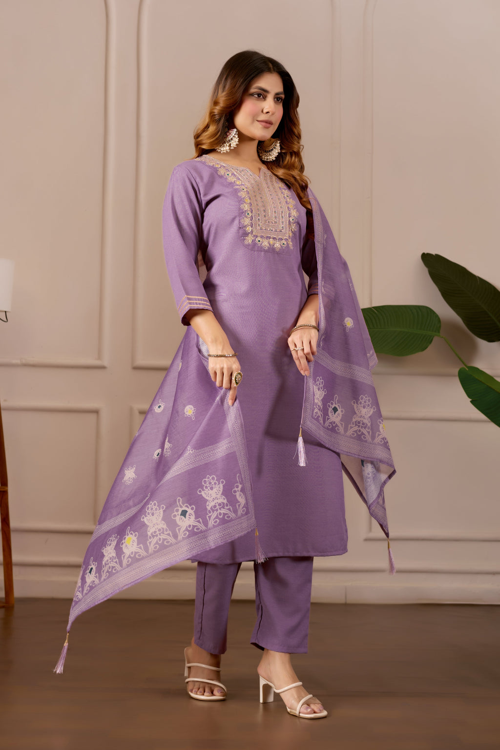 Lavender Embroidered Straight Kurta with Trousers & Dupatta