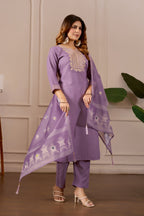 Lavender Embroidered Straight Kurta with Trousers & Dupatta