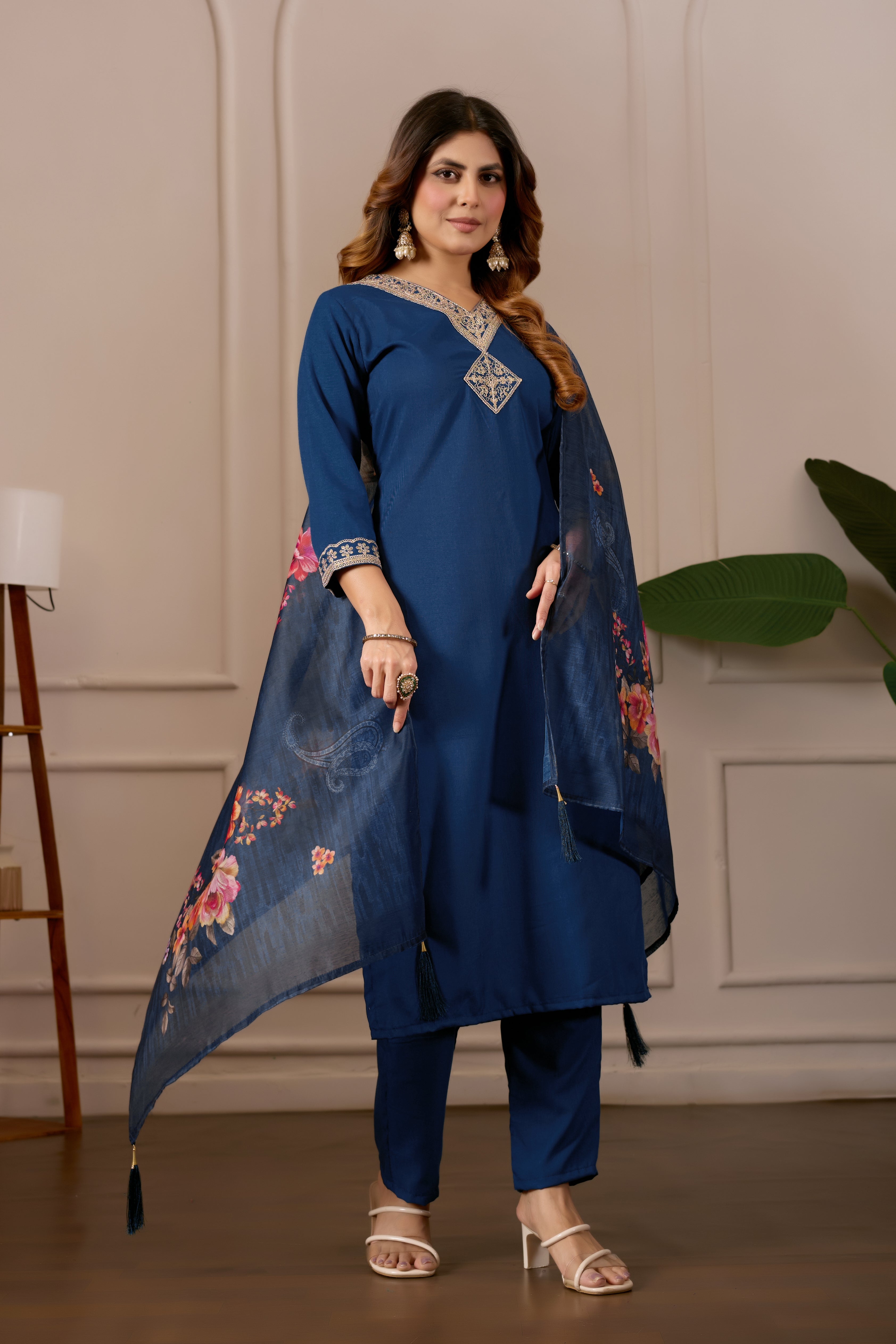 Women Embroidered Regular Pure Cotton Kurti with Pyjamas With Dupatta
