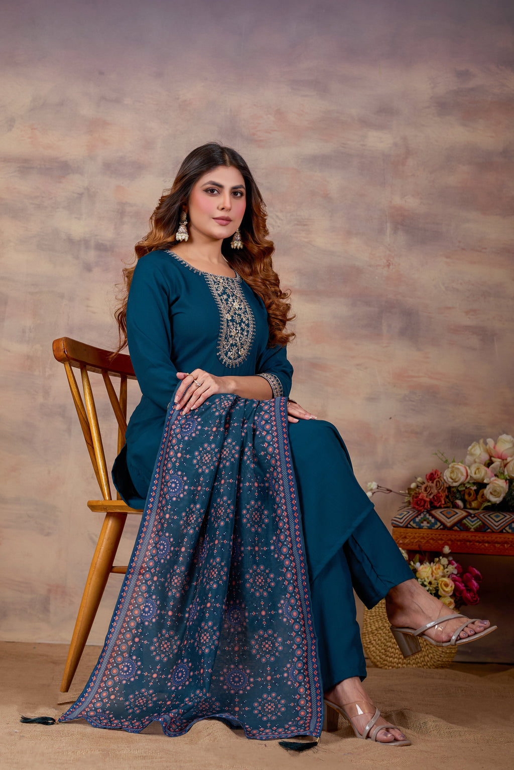 Women Ethnic Embroidered Thread Work Kurta with Trousers & Dupatta.