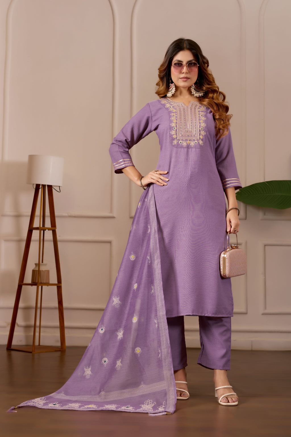 Lavender Embroidered Straight Kurta with Trousers & Dupatta