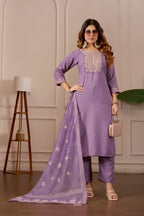 Lavender Embroidered Straight Kurta with Trousers & Dupatta