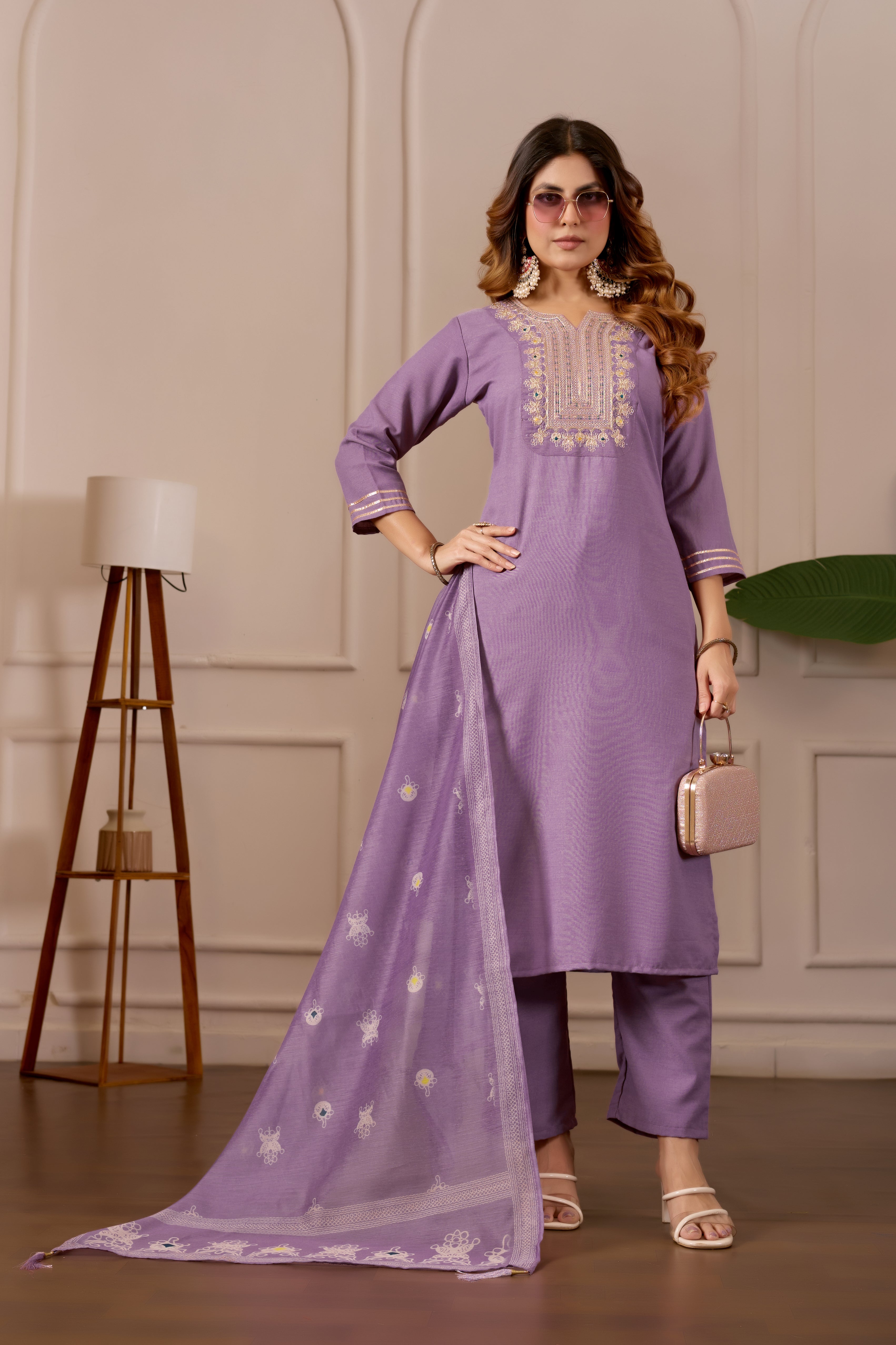 Lavender Embroidered Straight Kurta with Trousers & Dupatta