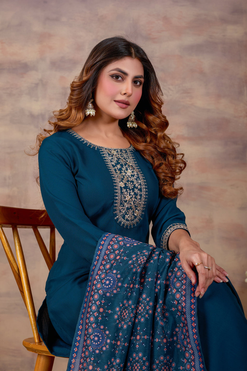 Women Ethnic Embroidered Thread Work Kurta with Trousers & Dupatta.