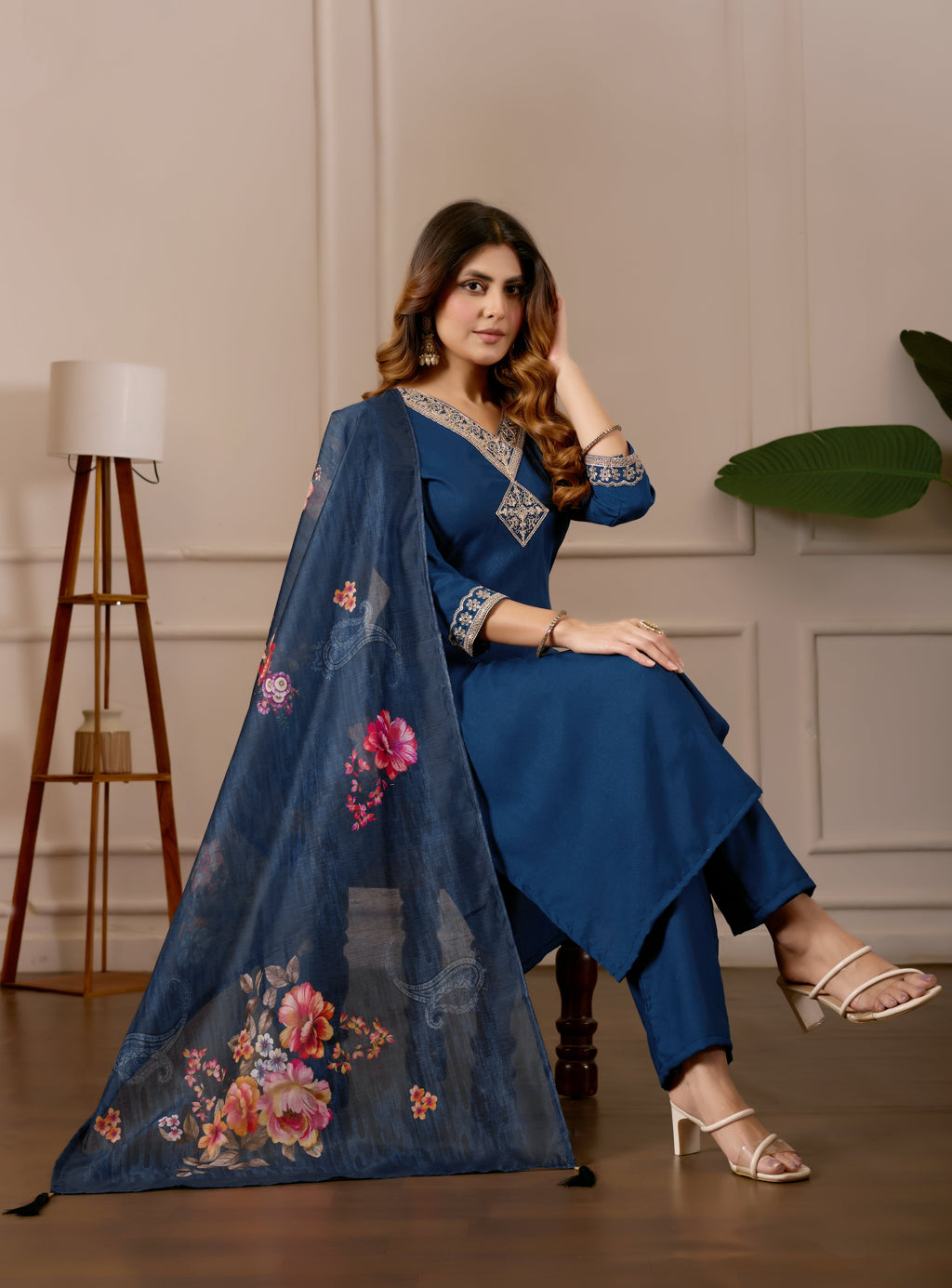 Women Embroidered Regular Pure Cotton Kurti with Pyjamas With Dupatta
