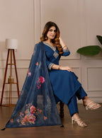 Women Embroidered Regular Pure Cotton Kurti with Pyjamas With Dupatta