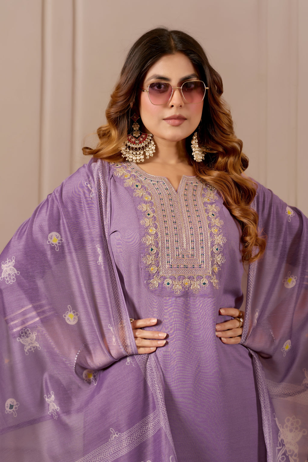 Lavender Embroidered Straight Kurta with Trousers & Dupatta