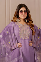 Lavender Embroidered Straight Kurta with Trousers & Dupatta
