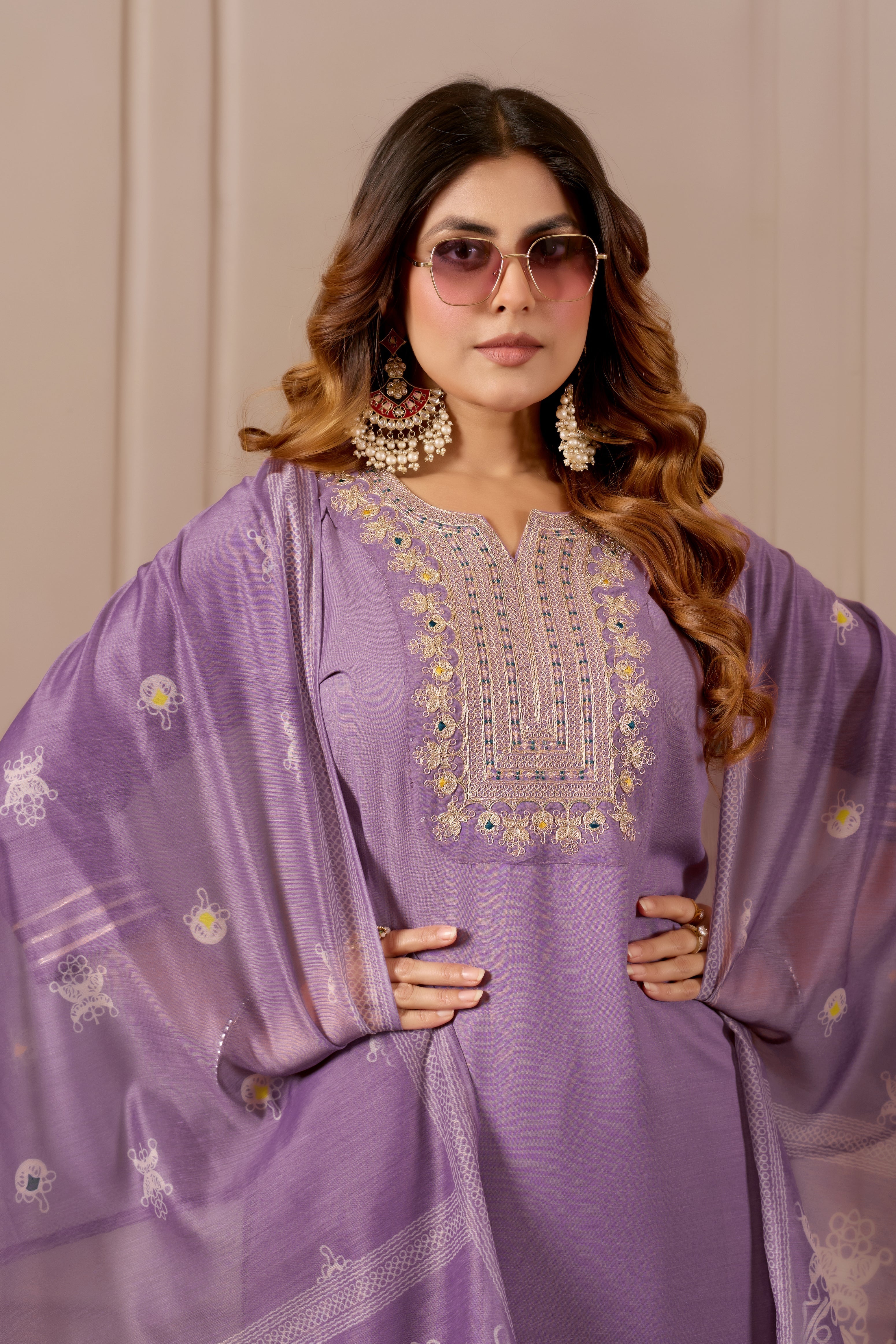 Lavender Embroidered Straight Kurta with Trousers & Dupatta
