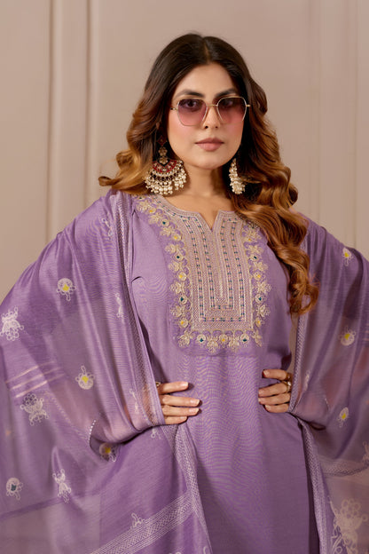 Lavender Embroidered Straight Kurta with Trousers & Dupatta