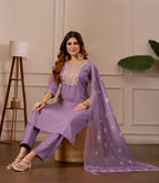 Lavender Embroidered Straight Kurta with Trousers & Dupatta