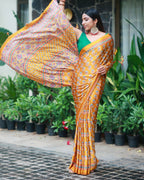 Mustard Gold Pure Modal Silk Saree with Ajrakh Inspired Floral Print & Heritage Designer Pallu