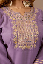 Lavender Embroidered Straight Kurta with Trousers & Dupatta