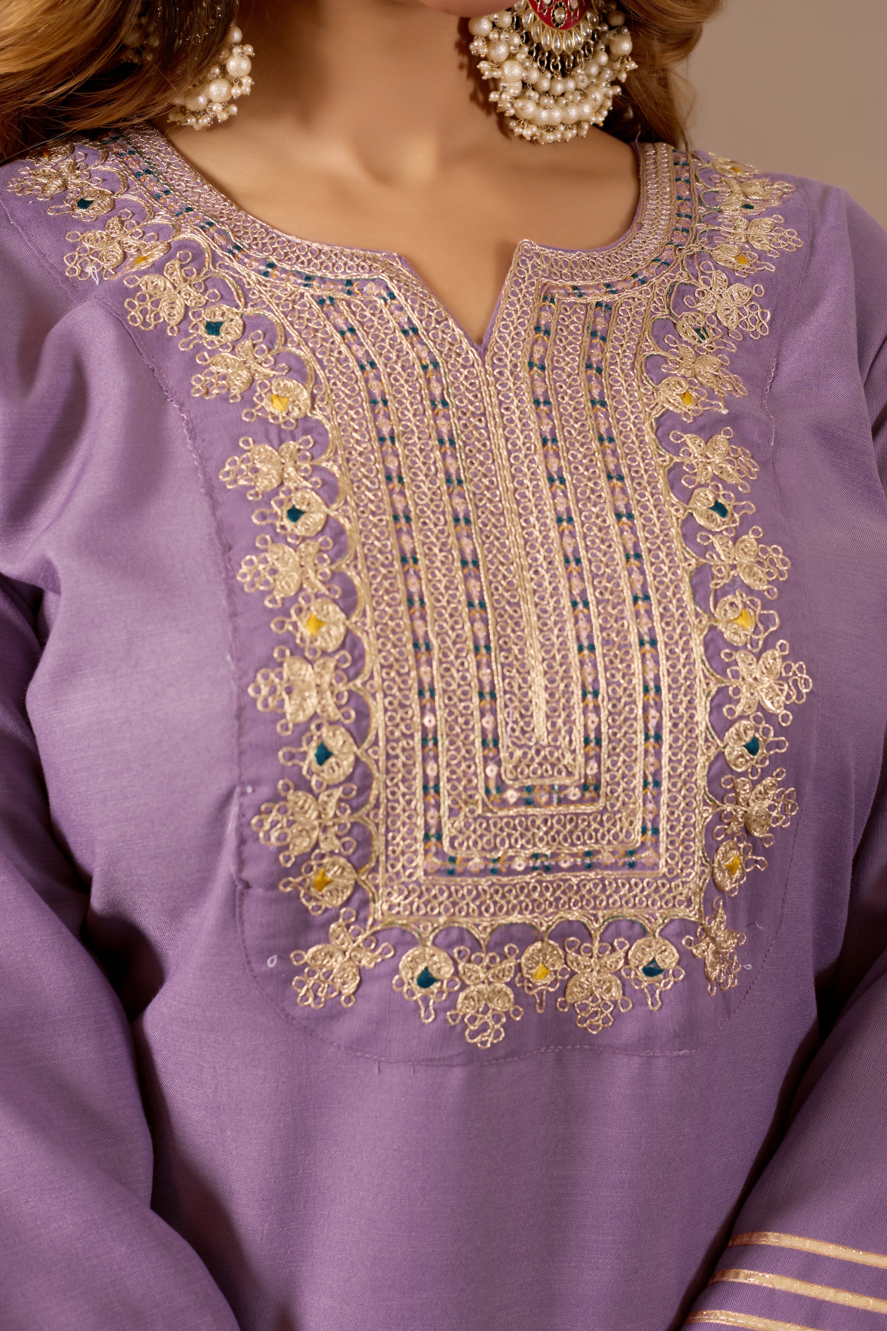 Lavender Embroidered Straight Kurta with Trousers & Dupatta