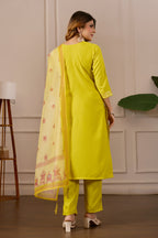 Yellow Embroidered Straight Kurta with Trousers & Dupatta