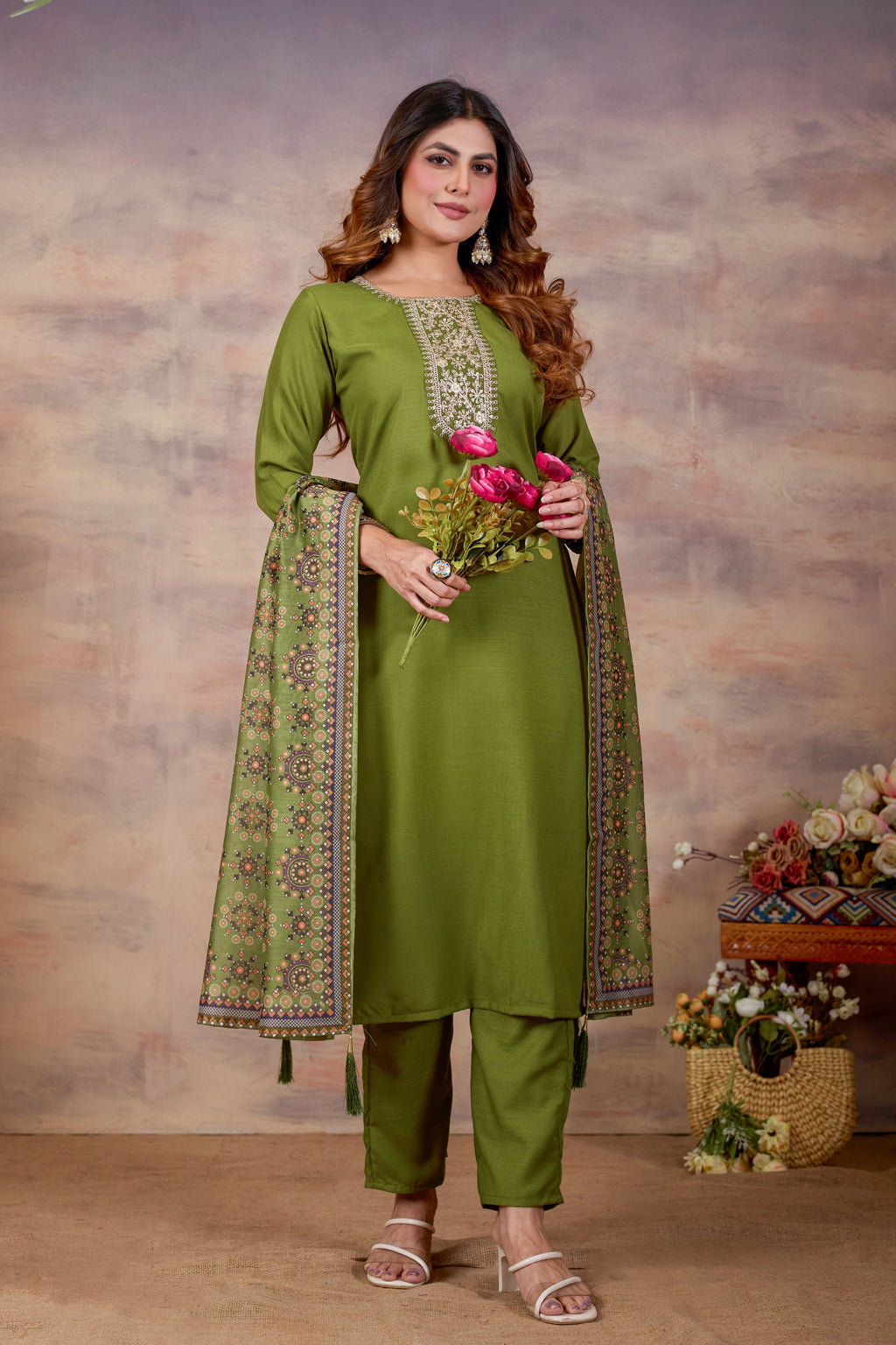 Women Ethnic Embroidered Thread Work Kurta with Trousers & Dupatta.
