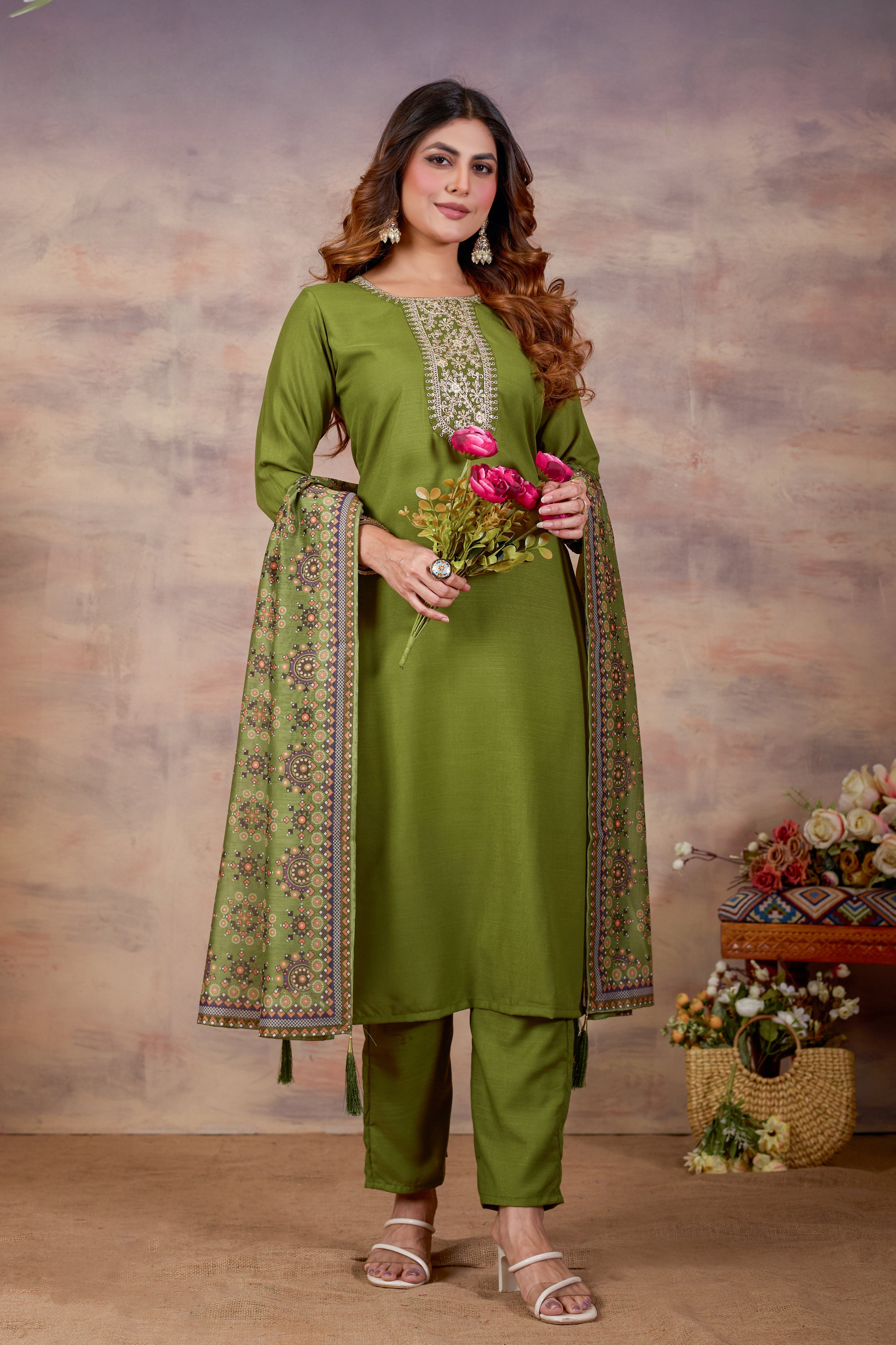 Women Ethnic Embroidered Thread Work Kurta with Trousers & Dupatta.