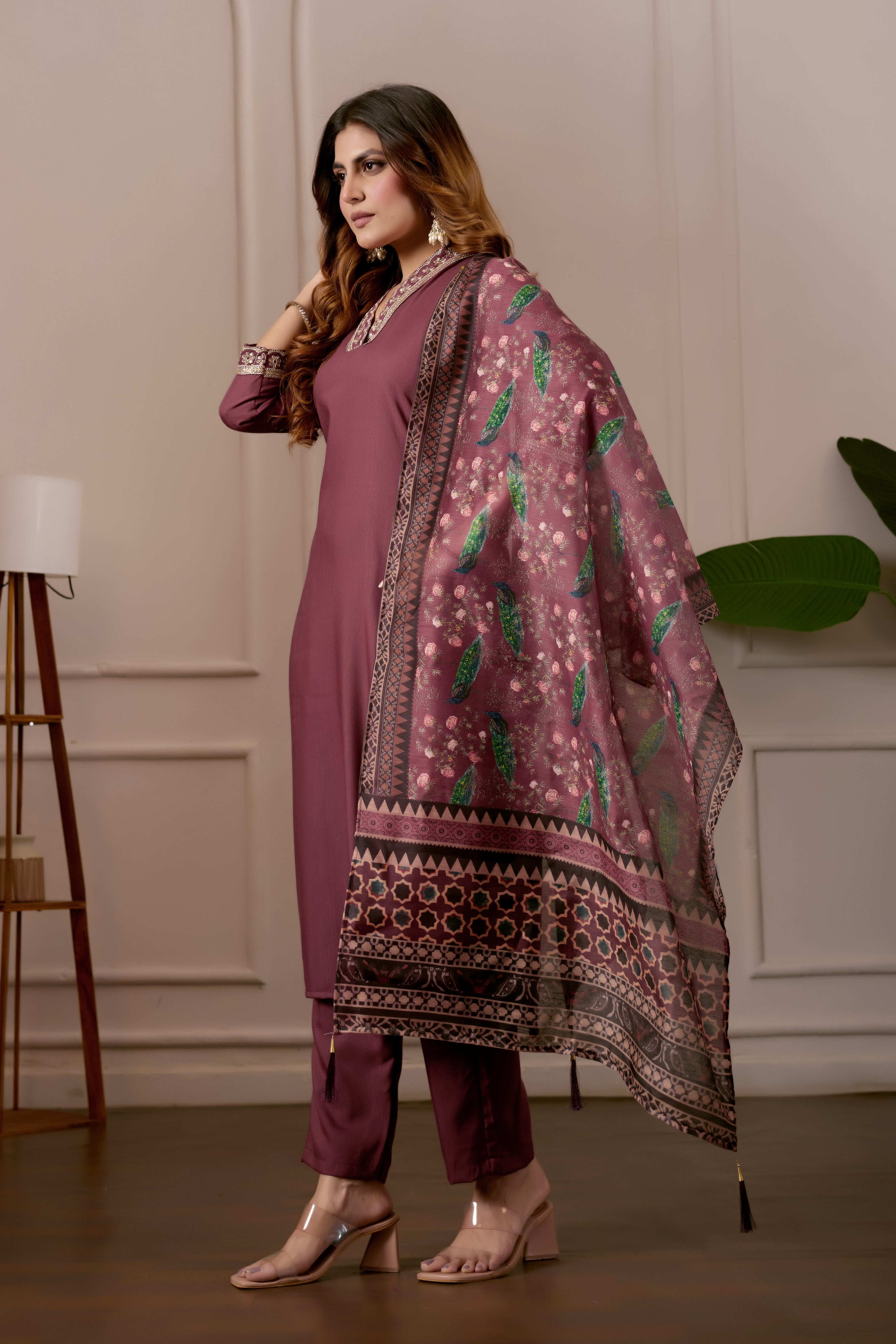 Women's Embroidered Kurta Set with Printed Dupatta, 3 Piece Suit