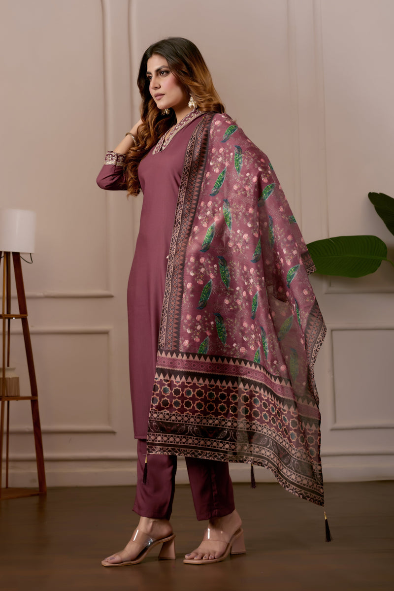 Women's Embroidered Kurta Set with Printed Dupatta, 3 Piece Suit