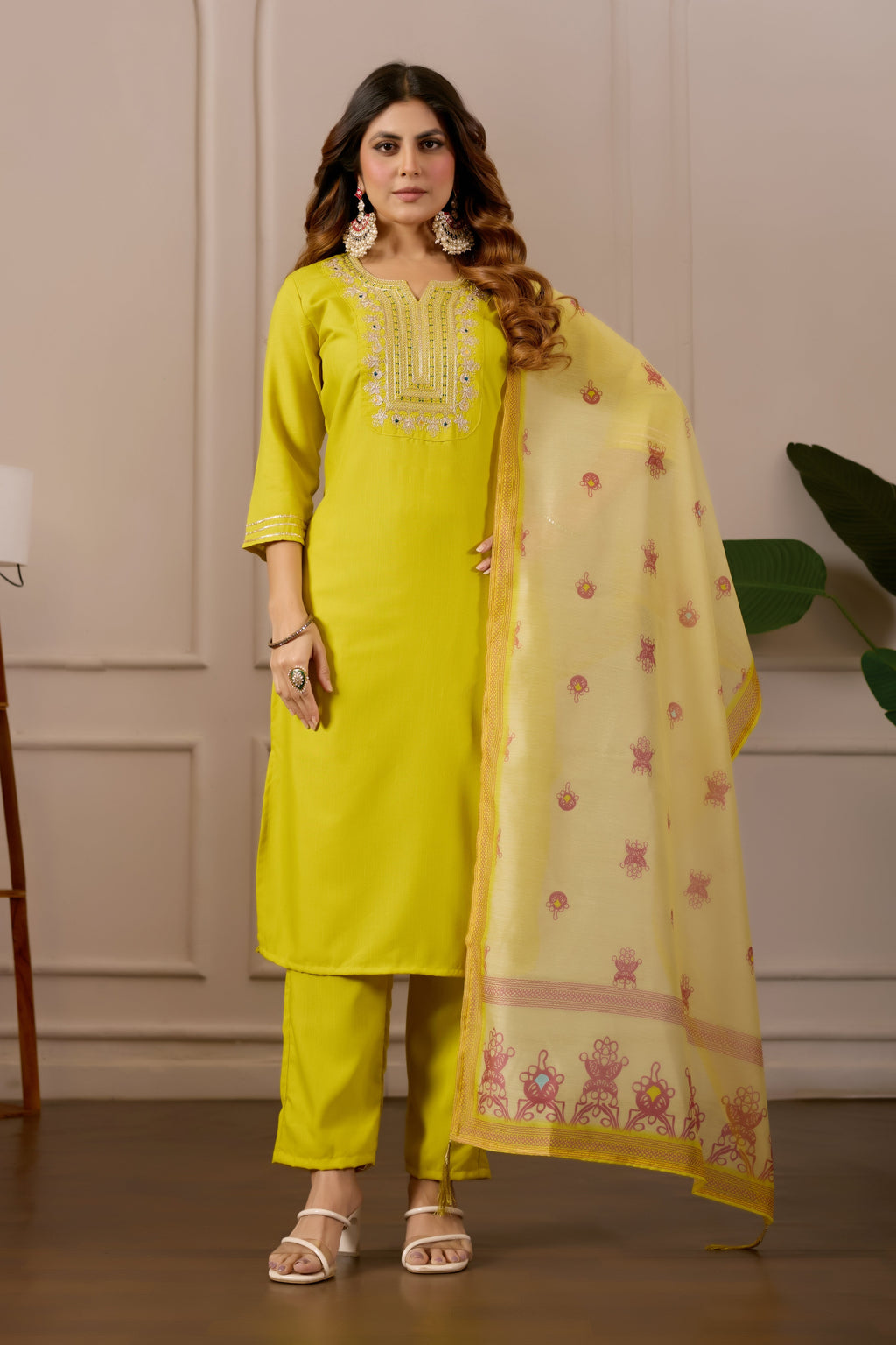 Yellow Embroidered Straight Kurta with Trousers & Dupatta