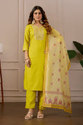 Yellow Embroidered Straight Kurta with Trousers & Dupatta
