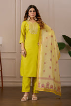 Yellow Embroidered Straight Kurta with Trousers & Dupatta