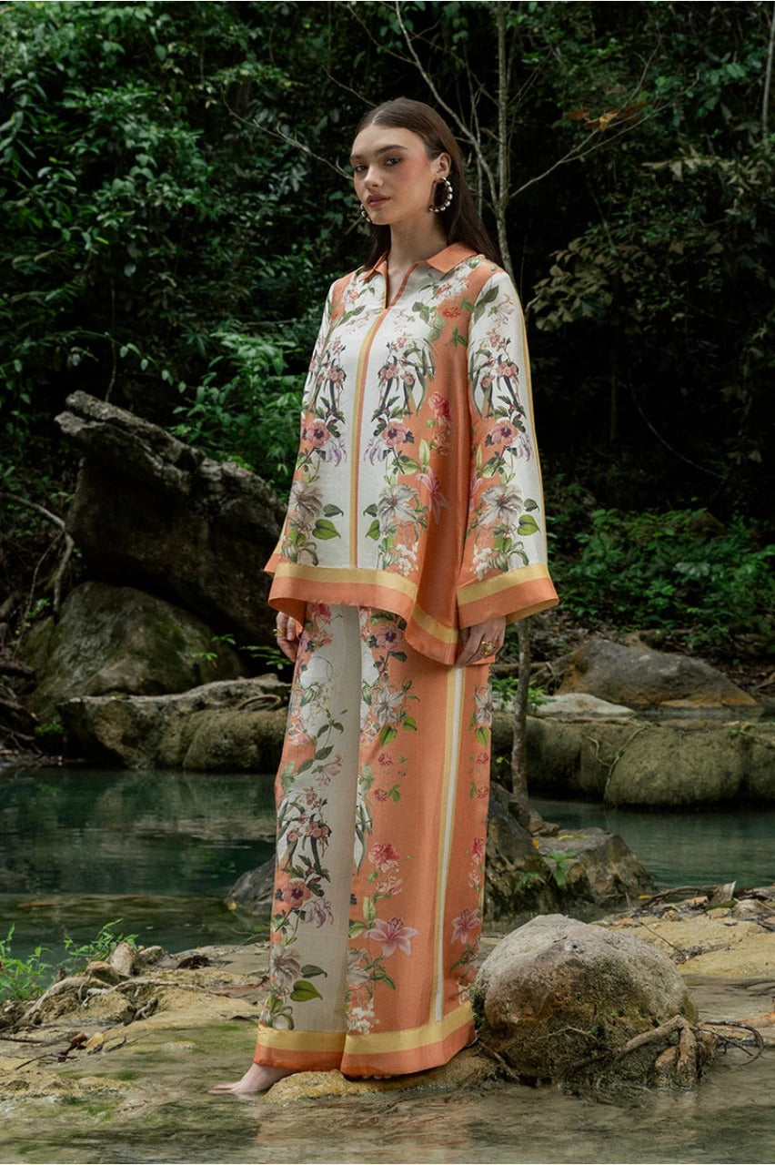 Floral printed Cotton Slub Co-ord Set with a V-neck tunic and matching wide-leg trousers
