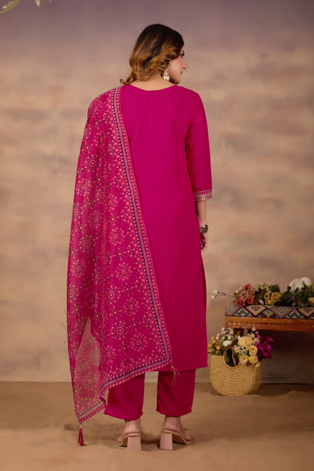 Women Ethnic Embroidered Thread Work Kurta with Trousers & Dupatta.