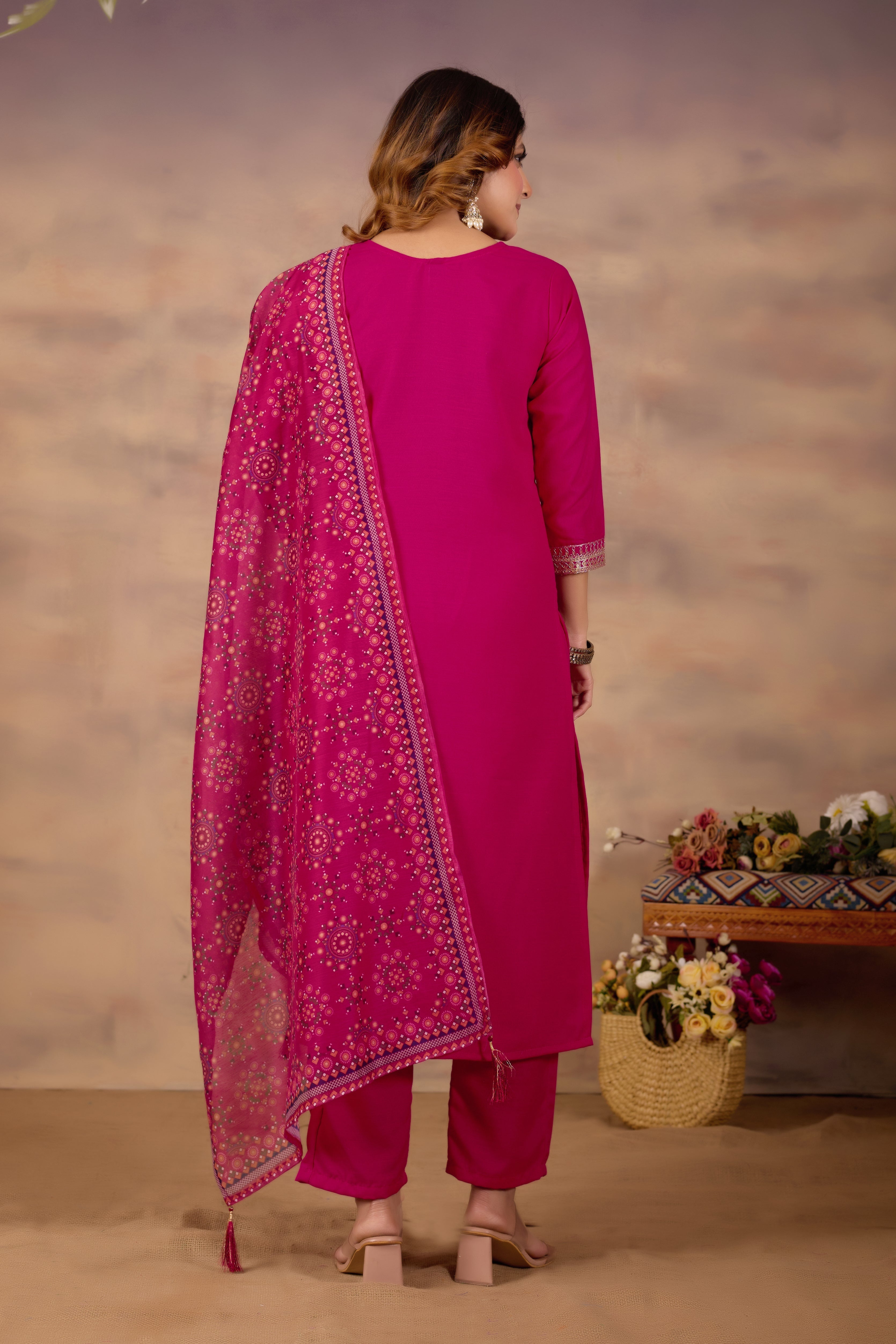 Women Ethnic Embroidered Thread Work Kurta with Trousers & Dupatta.