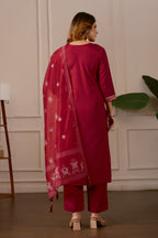 Red Embroidered Straight Kurta with Trousers & Dupatta