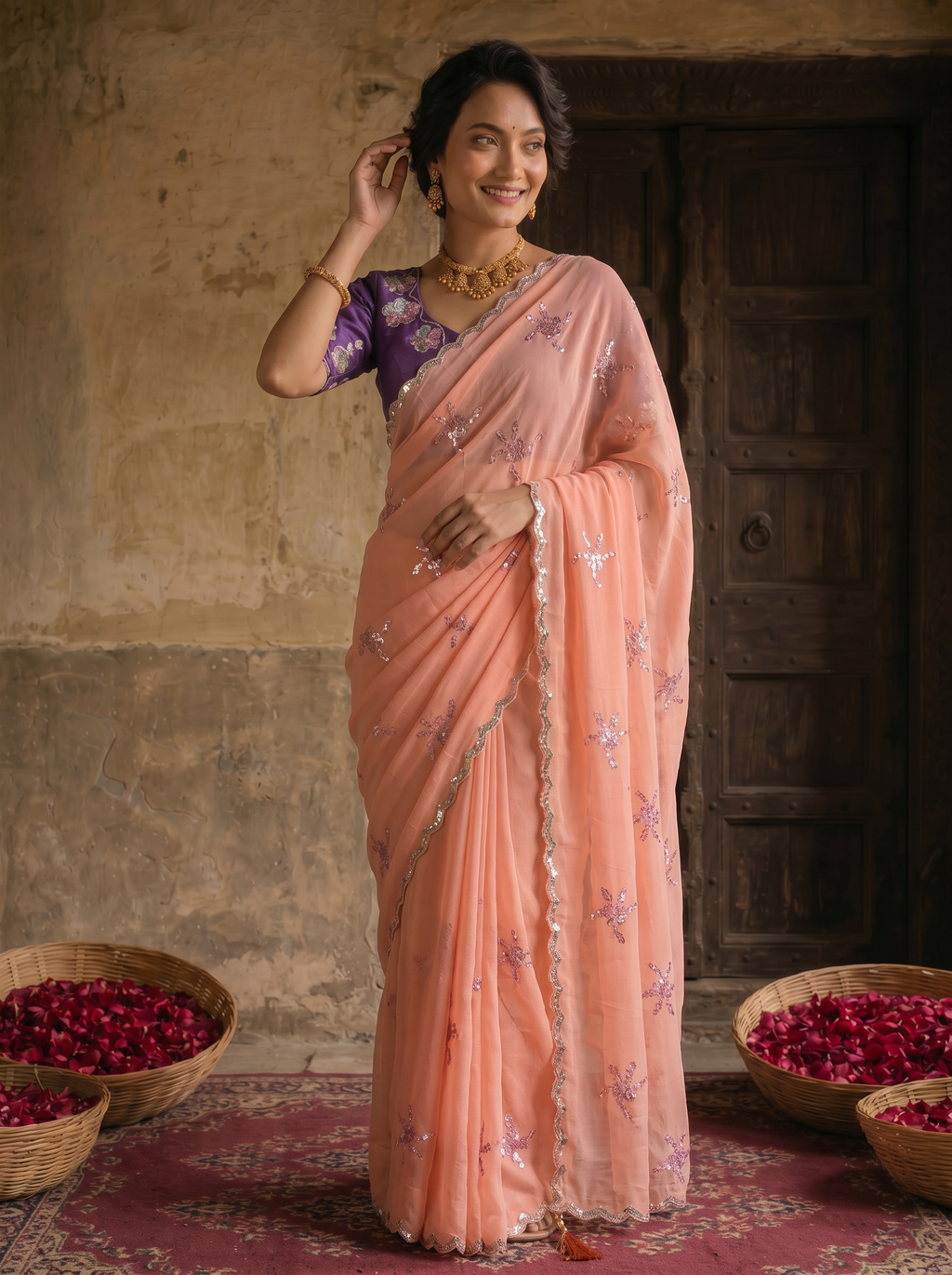 Peach Pink Georgette Embroidered Saree with Floral Sequin Work & Contrast Purple Blouse