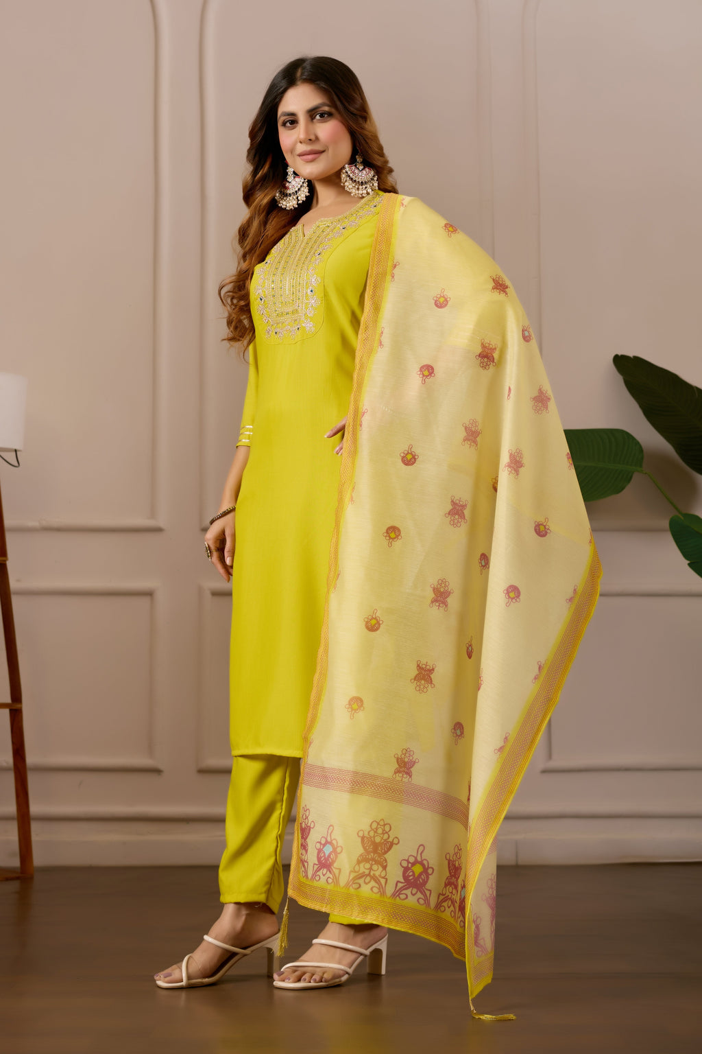 Yellow Embroidered Straight Kurta with Trousers & Dupatta