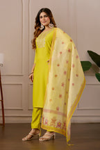 Yellow Embroidered Straight Kurta with Trousers & Dupatta