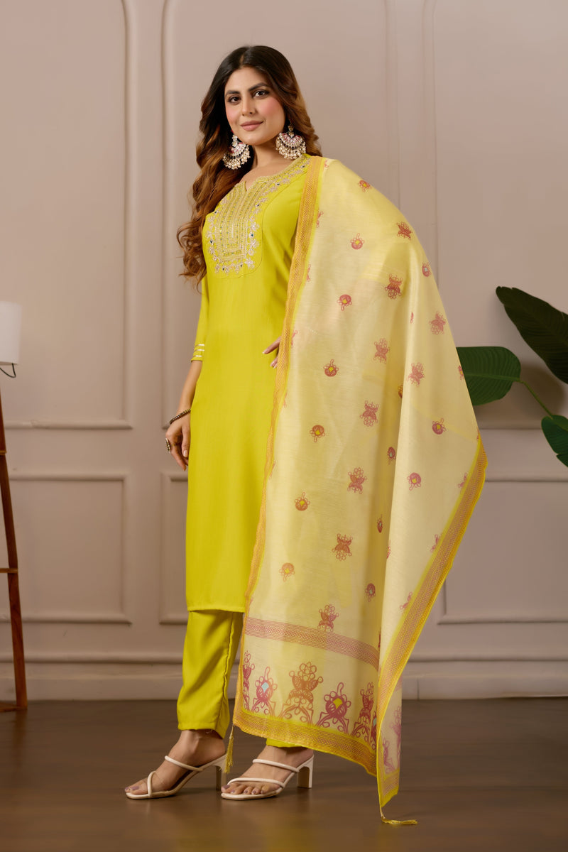 Yellow Embroidered Straight Kurta with Trousers & Dupatta