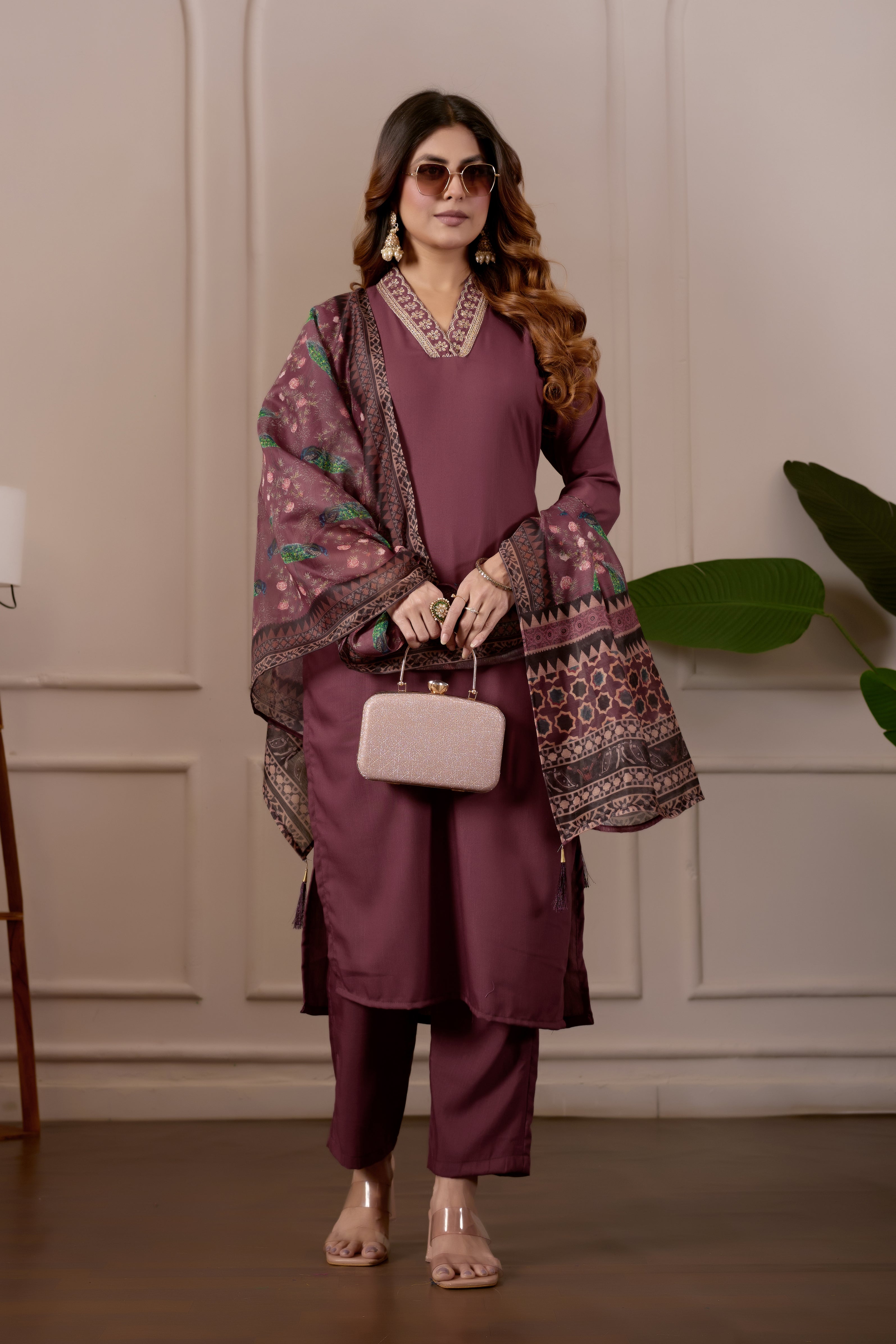 Women's Embroidered Kurta Set with Printed Dupatta, 3 Piece Suit