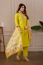 Yellow Embroidered Straight Kurta with Trousers & Dupatta