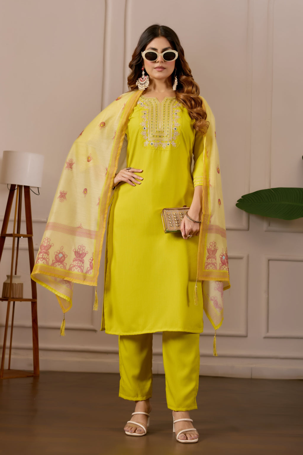 Yellow Embroidered Straight Kurta with Trousers & Dupatta