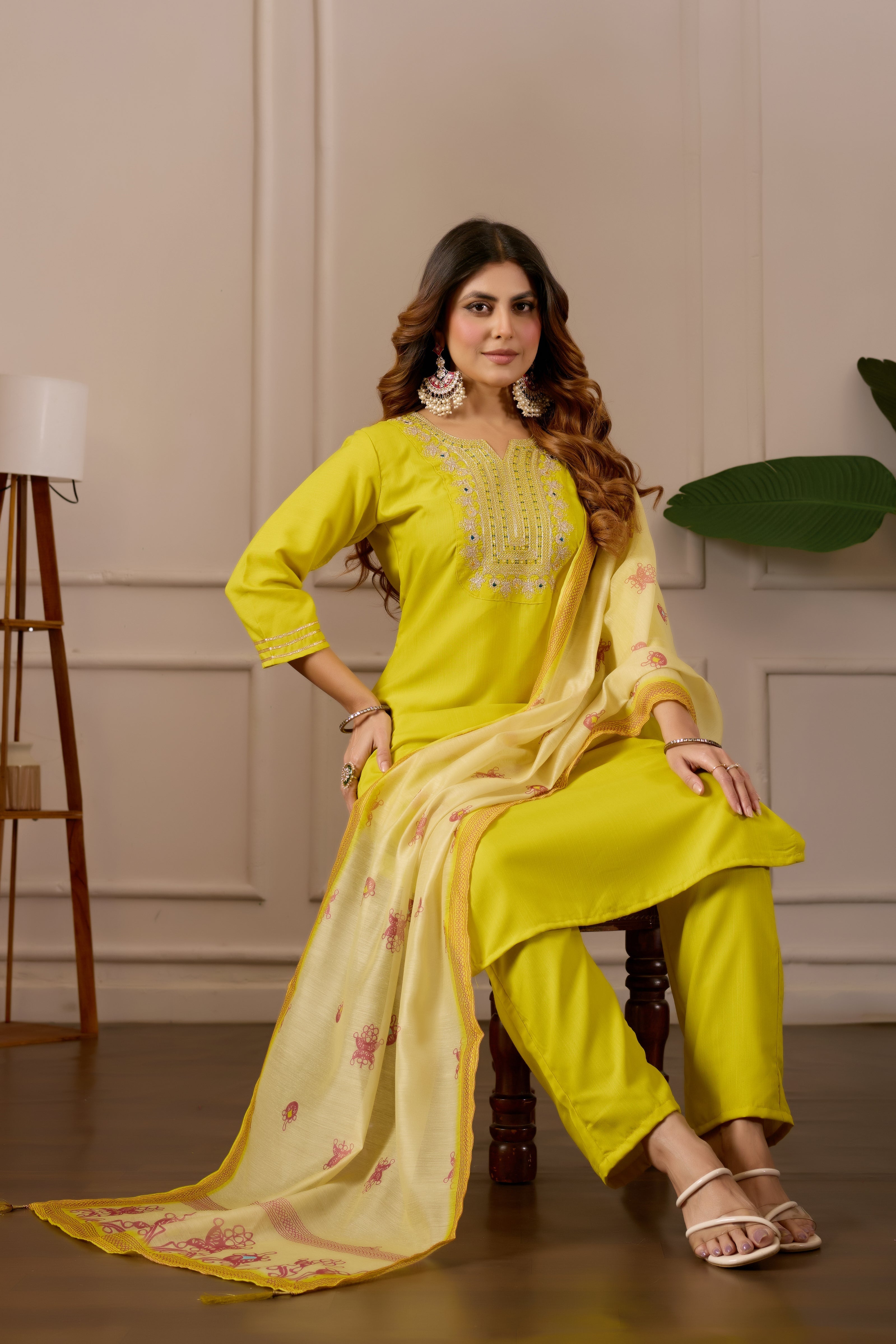 Yellow Embroidered Straight Kurta with Trousers & Dupatta