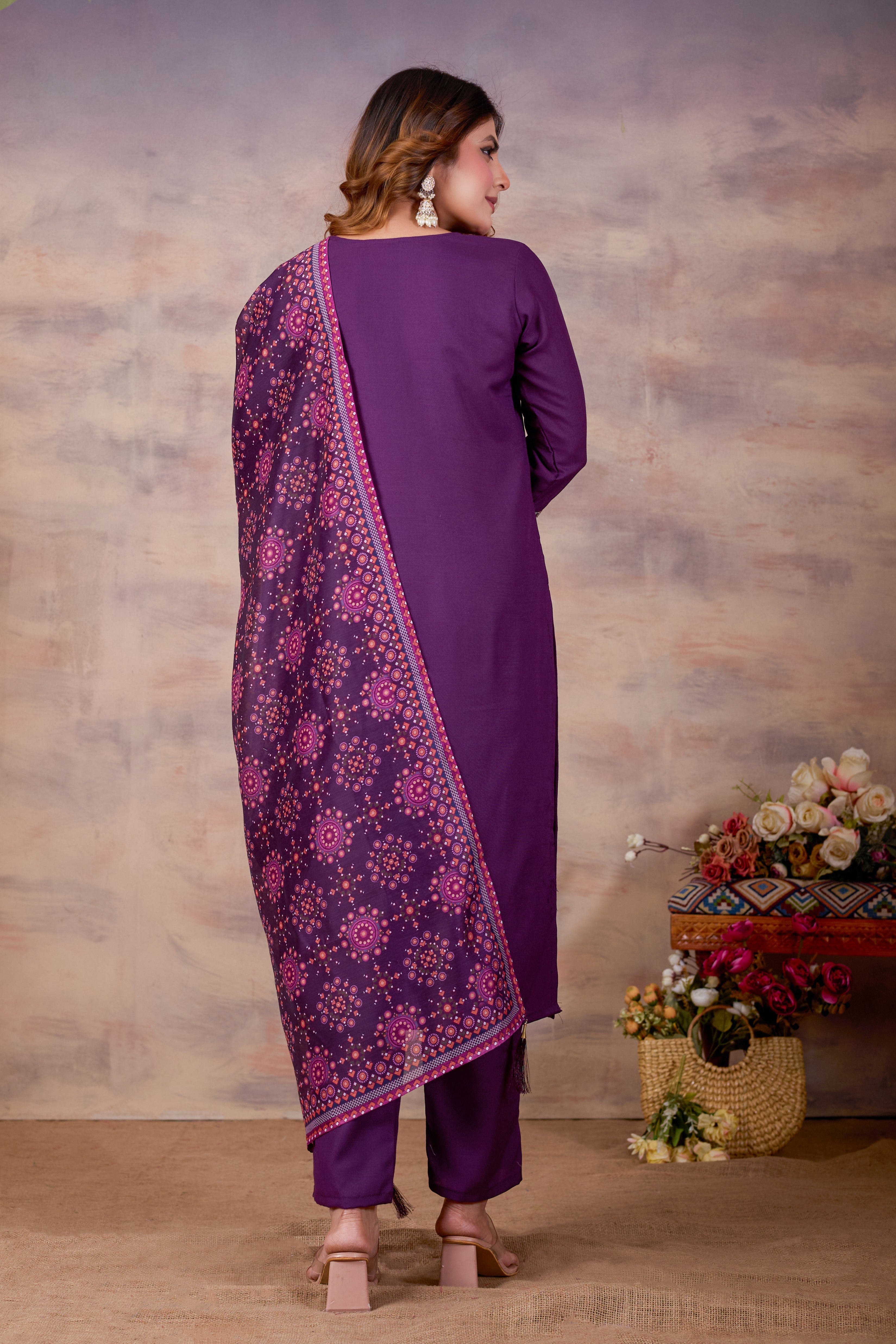 Women Ethnic Embroidered Thread Work Kurta with Trousers & Dupatta.