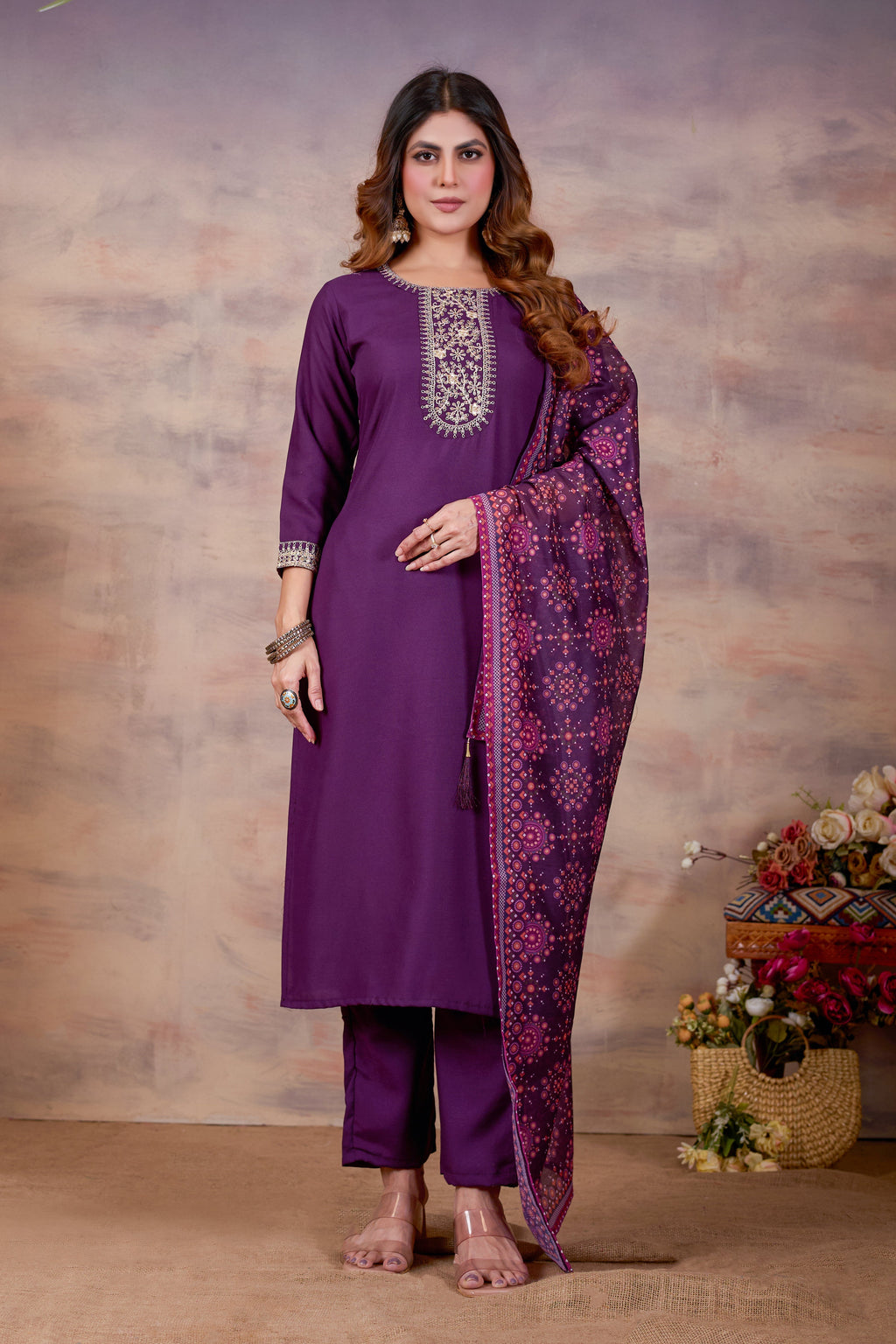 Women Ethnic Embroidered Thread Work Kurta with Trousers & Dupatta.