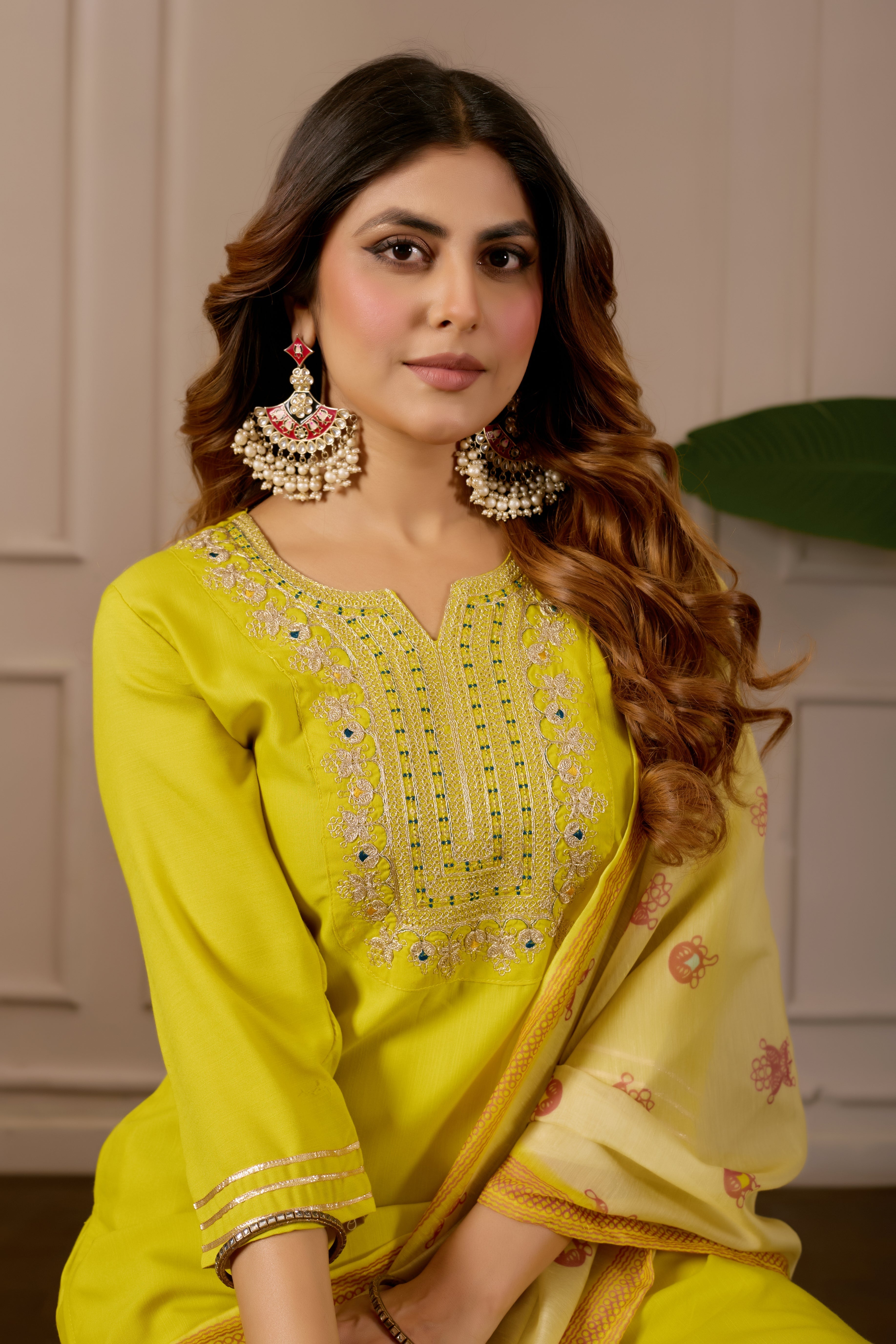 Yellow Embroidered Straight Kurta with Trousers & Dupatta